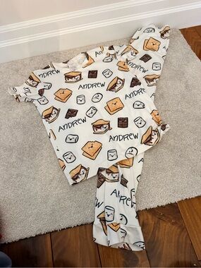 Personalized White Kids Pajama Set with S'mores Print name Andrew